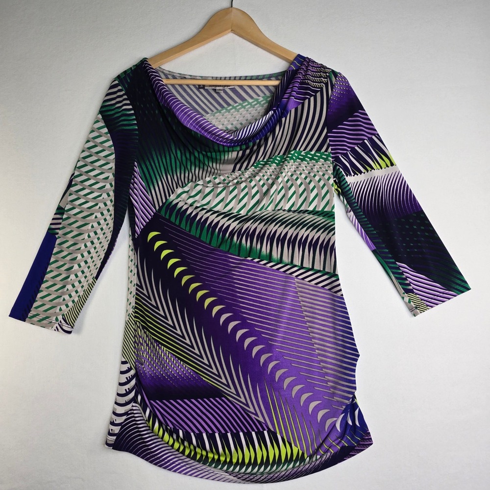 Jennifer Lopez Purple Geometric Cowl Neck Ruched Tunic Top 3/4 Sleeve Medium